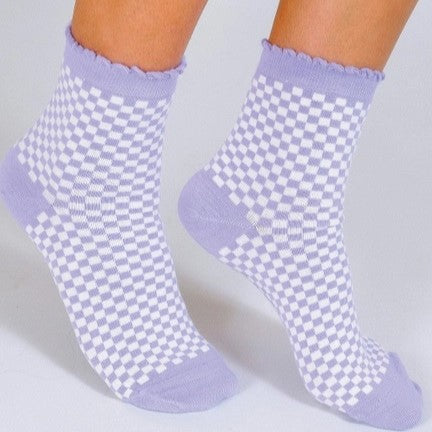 Lavender and white checker print sock with scallop ruffle edge.