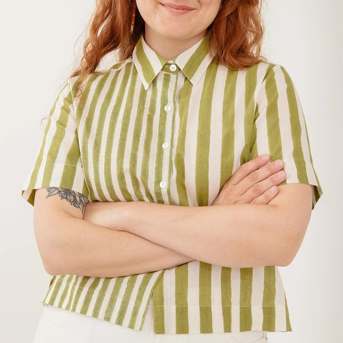 Green stripe block printed button down shirt from Mata Traders