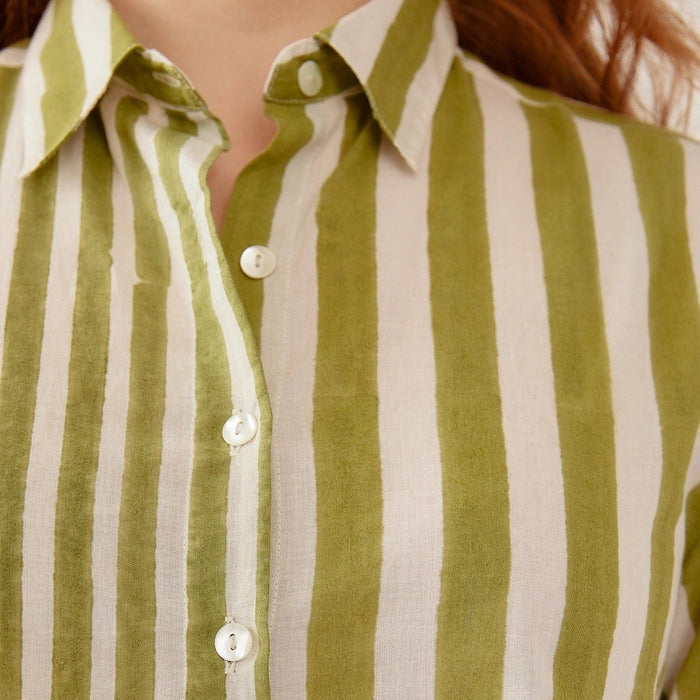 Green stripe block printed button down shirt from Mata Traders