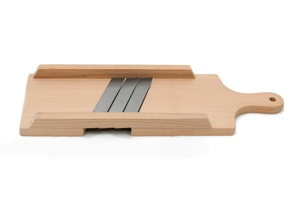 Le Parfait Cabbage Shredder side view showing beechwood body with three steel blades on white background.