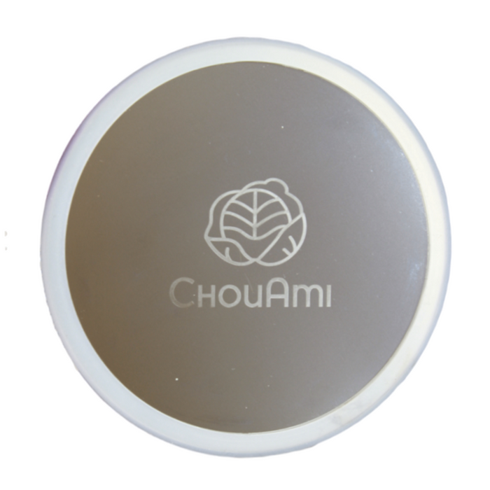 Top-down view of a single ChouAmi stainless steel flat panel with ivory rim and cabbage logo.