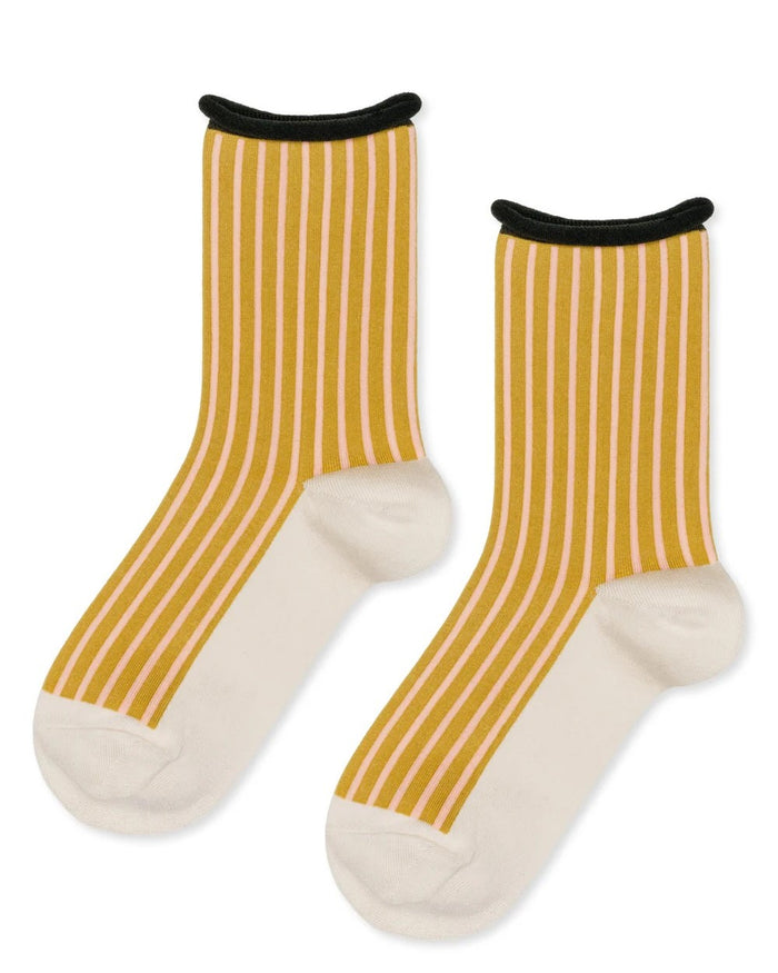 Hansel from Basel Hilda striped Hilda crew sock in Ecru yellow at Clad, a sustainable clothing store in Asheville, NC