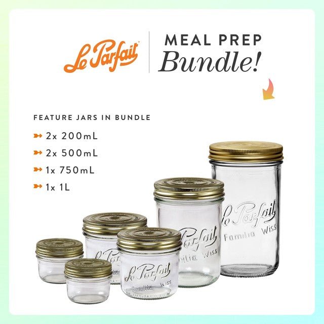 Le Parfait Meal Prep Bundle card listing 2x 200ml, 2x 500ml, 1x 750ml, and 1x 1L Familia Wiss jars with gold metal canning lids.