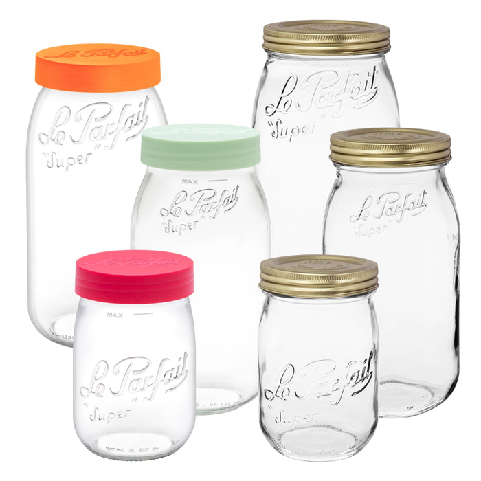 Family hero of Le Parfait Screw Top Jars in six sizes with mixed orange, mint, red, and gold canning lids on a white background.