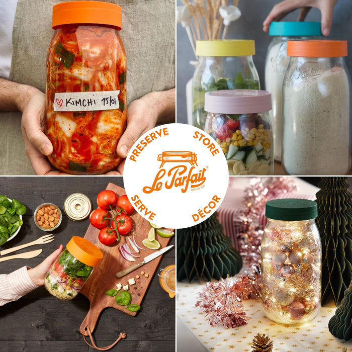Four-panel 'Preserve/Store/Serve/Décor' Le Parfait Screw Top Jars collage: kimchi jar, colorful pantry storage, meal-prep salad, holiday display.