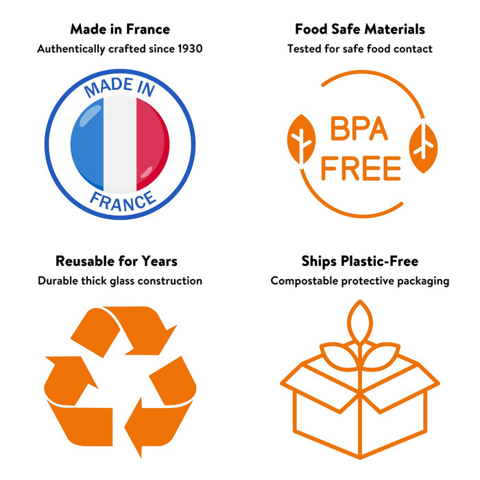 Le Parfait Screw Top Jars brand badges: Made in France since 1930, BPA-free glass, reusable, shipped in compostable plastic-free packaging.