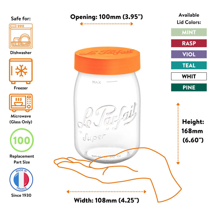Le Parfait Screw Top Jar 2L size guide: 100mm opening, 245mm height, 122mm width; dishwasher, freezer, microwave safe with size-100 parts.