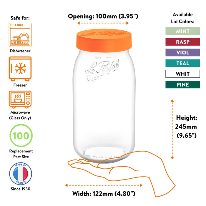 Le Parfait Screw Top Jar 3L size guide: 110mm opening, 275mm height, 138mm width; dishwasher, freezer, microwave safe with size-110 parts.
