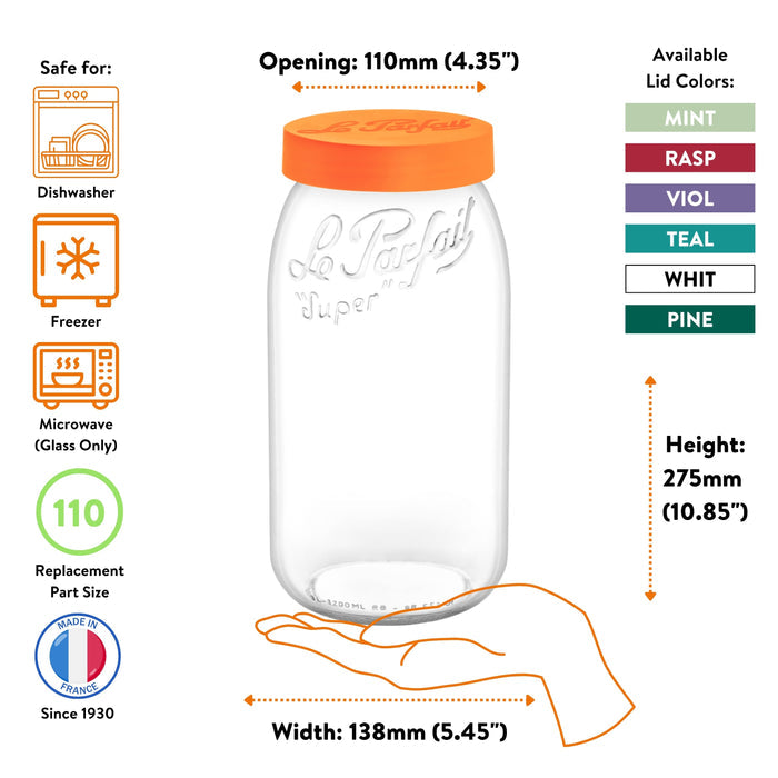 Le Parfait Screw Top Jar feature card - 'FULL Screw Lids, WIDEST Openings' with orange screw-lid jar versus Familia Wiss metal canning lid.