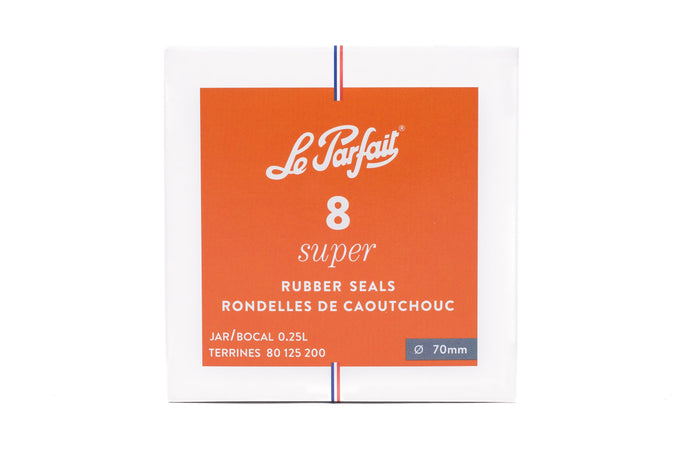 Le Parfait Super rubber seal 8-pack box, 70mm size - front view, fits 250ml jars and 80/125/200ml terrines.