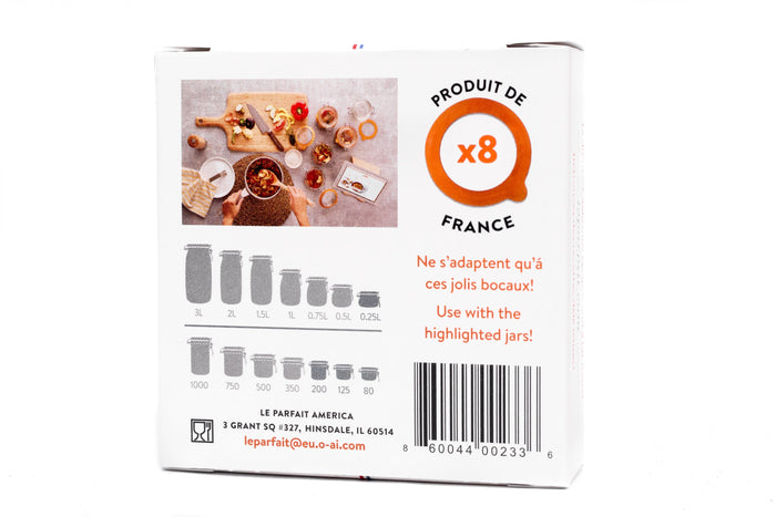 Le Parfait Super rubber seal 8-pack box - back view with recipe scene and jar / terrine size compatibility chart.