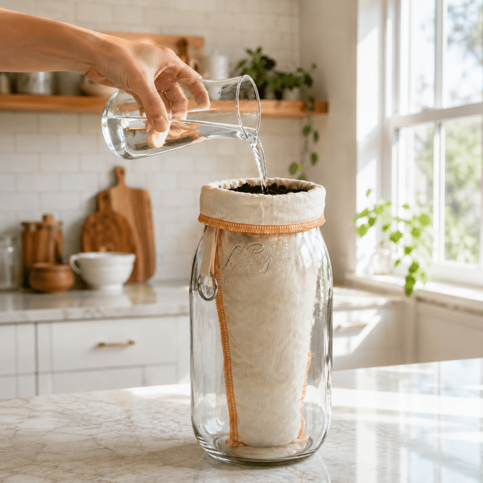 A clear glass Le Parfait Screw Top jar with a white cotton coffee sock filter and orange trim sits on a kitchen counter while a hand pours water from a glass into the top of the jar to make cold brew coffee. The background shows a bright, modern kitchen with white cabinets, wooden shelves, and a window.