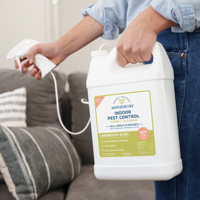 A person holds a large Wondercide Lemongrass Indoor Pest Control for Home + Kitchen jug with a spray nozzle, standing in a living room by a beige couch. The label notes it's safe around pets and perfect for use throughout the home.