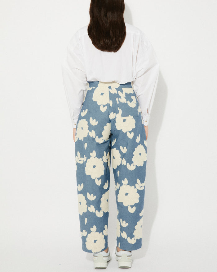 Rita Row blue floral peony pant with flowers and a high waist at Clad, a sustainable clothing shop in Asheville, NC
