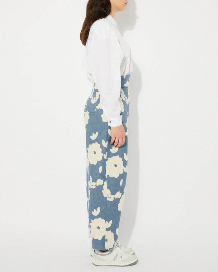 Rita Row blue floral peony pant with flowers and a high waist at Clad, a sustainable clothing shop in Asheville, NC