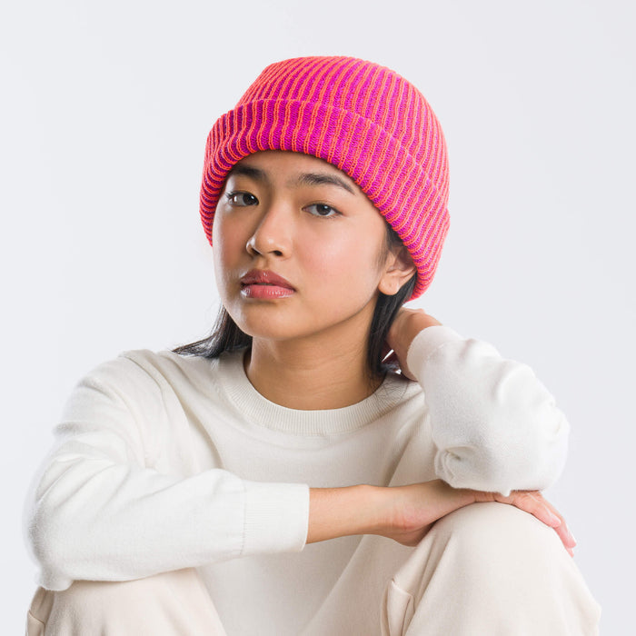 Poppy magenta rib knit beanie made from deadstock yarn by Verloop Knits.