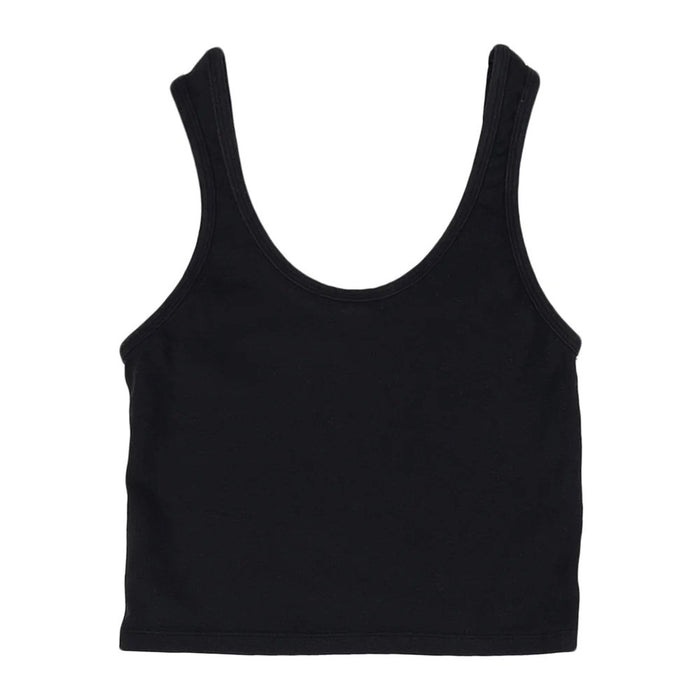 A black stretchy fitted scoopneck tank made of a cotton hemp blend.