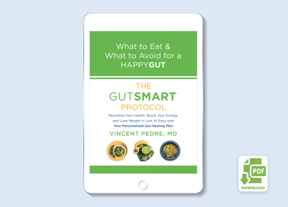 Tablet preview of 'What to Eat & What to Avoid for a Happy Gut' PDF from The GutSMART Protocol.