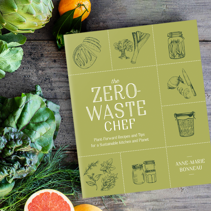 The Zero-Waste Chef book by Anne-Marie Bonneau, green cover with hand-drawn illustrations of jars and produce.