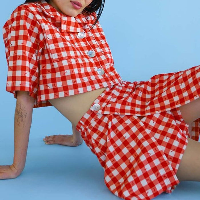 Nobly utility skort in gingham fishies with matching utility shirt