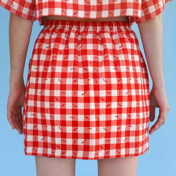 Nobly utility skort in gingham fishies with matching utility shirt