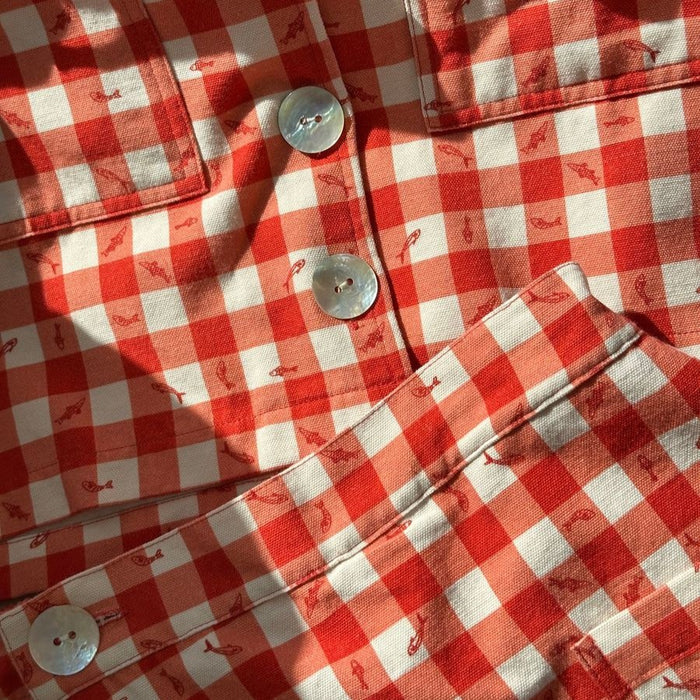 Nobly utility skort in gingham fishies with matching utility shirt