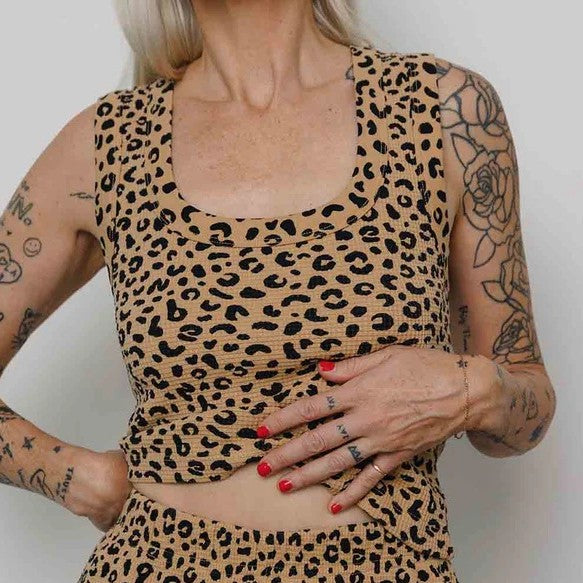 Noble leopard waffle square neck tank top
